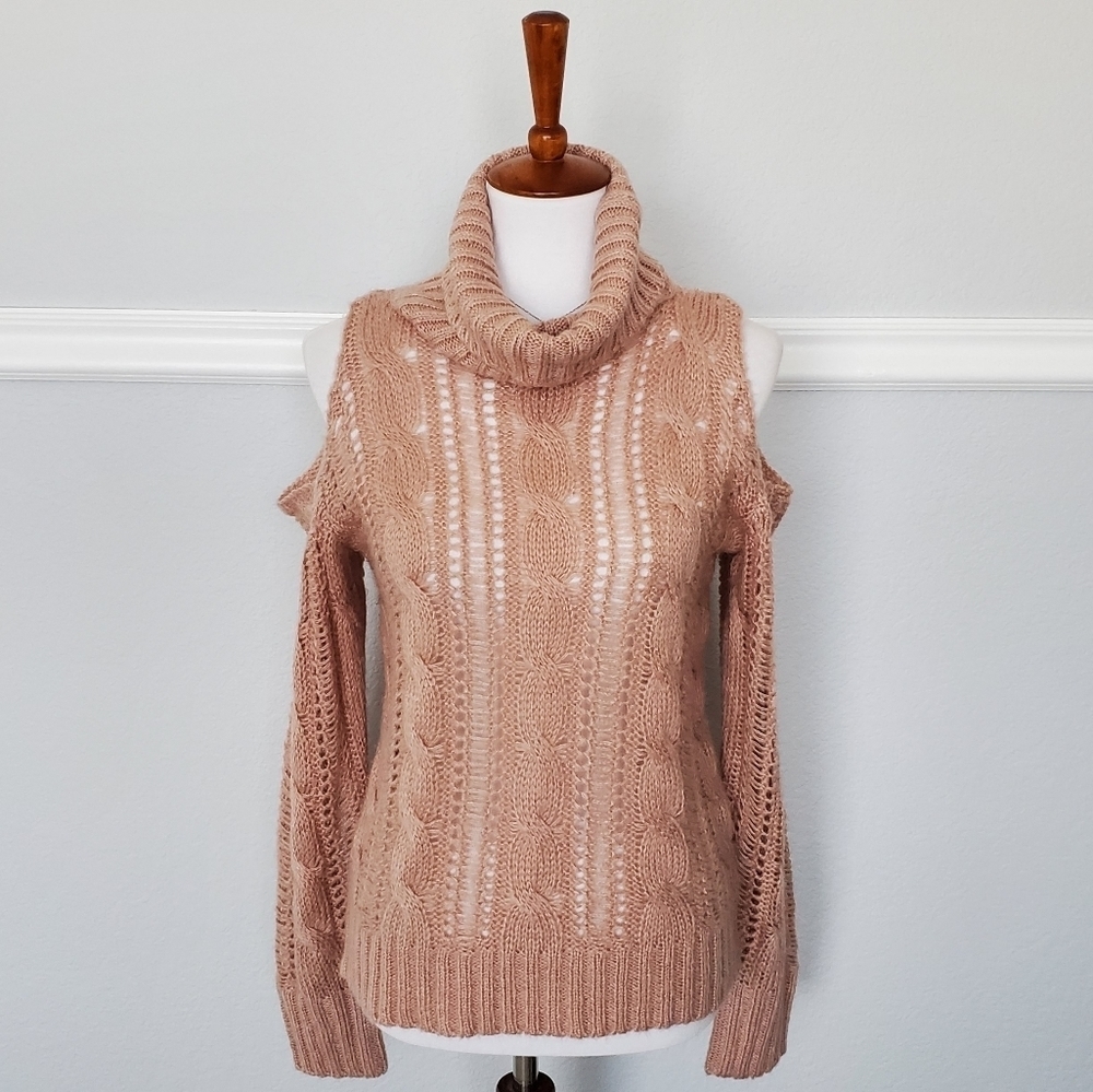 Elodie Cold Shoulder Cut Out Knit Turtle Neck Long Sleeve Sweater XS Pink